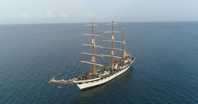 Aerial view of tall ship in Los Roques Venezuela.
