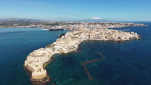 Aerial view of Ortygia island and Maniace Castle Italy.