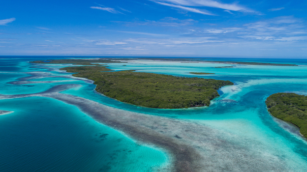 Aerial view of Los Roques archipelago featuring turquoise waters coral reefs and lush mangrove islands under a clear blue sky in Los Roques Dependencias Federales Venezuela. Aerial view of Los Roques archipelago featuring turquoise waters coral reefs and lush mangrove islands under a clear blue sky in Los Roques Dependencias Federales Venezuela.