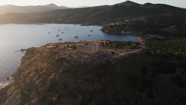 Aerial view of Temple of Poseidon at Cape Sounion Greece.