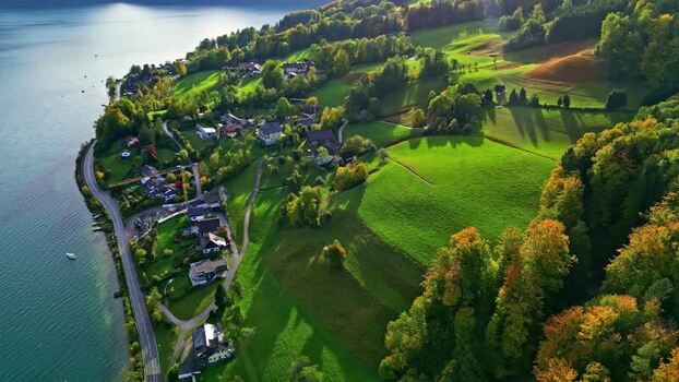 Aerial view of Attersee lake and surrounding hills Austria.