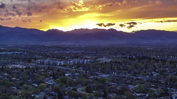 Aerial view of Arvada cityscape at sunset United States.