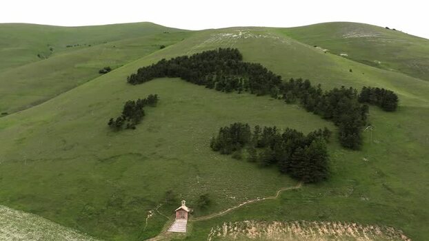 Aerial view of Italy shaped forest in Castelluccio Italy.