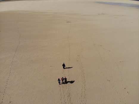 Aerial view of people walking across a vast sandy beach with footprints under bright sunlight in Fort Augustus Scotland United Kingdom.