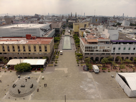 Aerial view of Centro with its historic architecture central plaza fountain and surrounding urban buildings in Guadalajara Jalisco Mexico. Aerial view of Centro with its historic architecture central plaza fountain and surrounding urban buildings in Guadalajara Jalisco Mexico.