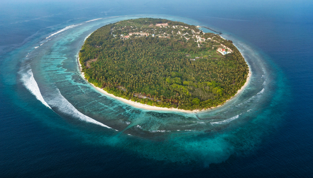 Aerial view of a lush tropical island with dense palm forests white sandy beaches and a vibrant coral reef in Vaikaradhoo Haa Dhaalu Atoll Maldives. Aerial view of a lush tropical island with dense palm forests white sandy beaches and a vibrant coral reef in Vaikaradhoo Haa Dhaalu Atoll Maldives.