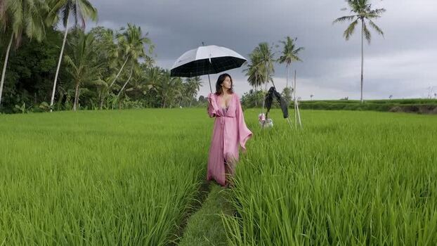 Aerial view of a woman with an umbrella in rice fields Indonesia.