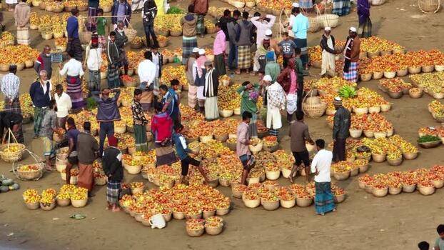 Aerial view of a bustling vegetable market in Sylhet Bangladesh.