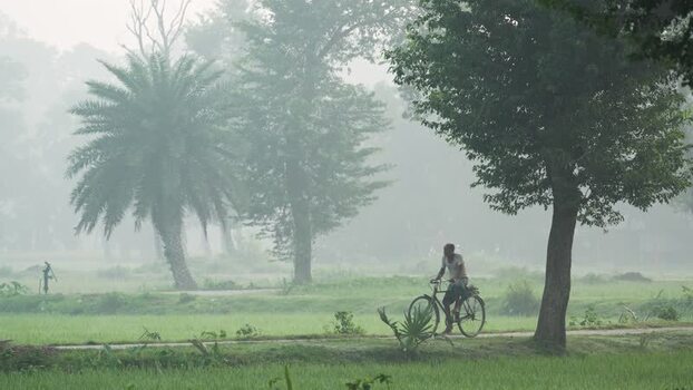 View of a man riding a bicycle through foggy fields in Bangladesh.