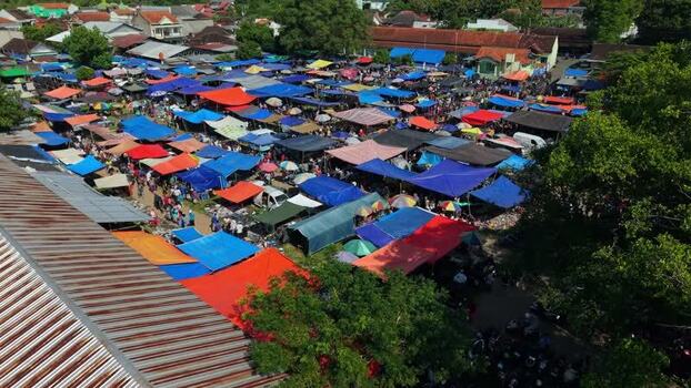 Aerial view of Bonyokan Pasar Legi market stalls Indonesia.