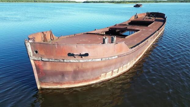 Aerial view of rusty barge at Pateniemenranta Finland.