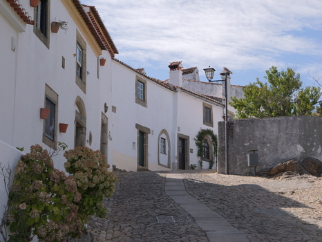 View of the historic cobblestone street lined with traditional white washed houses and potted plants in the village of Marvao Portalegre District Portugal. View of the historic cobblestone street lined with traditional white washed houses and potted plants in the village of Marvao Portalegre District Portugal.