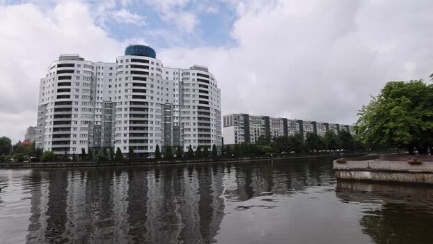 View of modern residential buildings along the Pregolya River Russia.