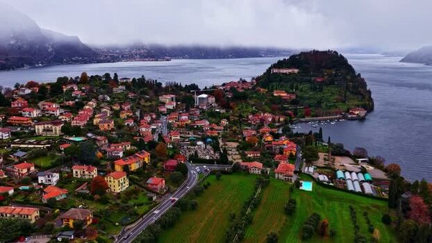 Aerial view of a lakeside town in Italy.