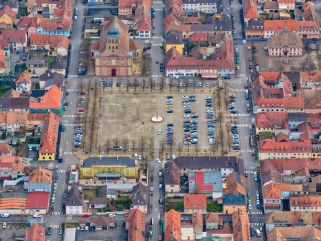 Aerial view of the structured fortress city with its symmetrical streets converging on the central Place d Armes Neuf Brisach Grand Est France.