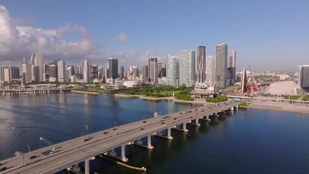 Aerial view of MacArthur Causeway Bridge United States.