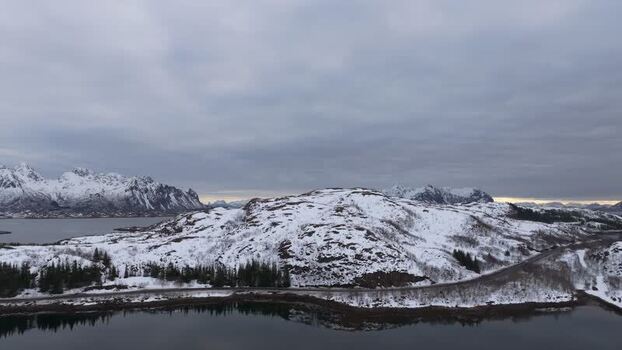 Aerial view of Lofoten mountains Norway.