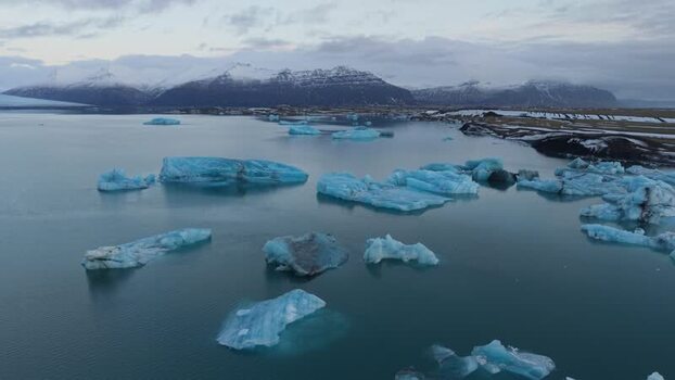Aerial view of icebergs in Jokulsarlon Glacier Lagoon Iceland.