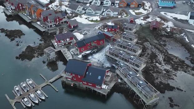 Aerial view of red houses and boats Norway.