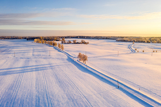 Aerial view of a vast snow covered landscape with a winding road lined by trees under a soft golden hour light in Latvia. Aerial view of a vast snow covered landscape with a winding road lined by trees under a soft golden hour light in Latvia.