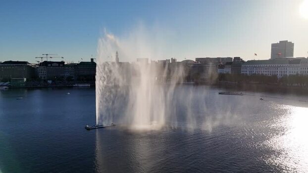 Aerial view of the Alsterfontane fountain on Binnenalster lake Germany.