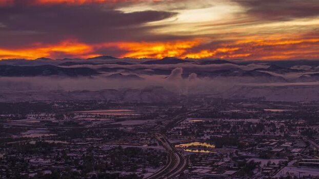 Aerial view of Denver at sunset United States.