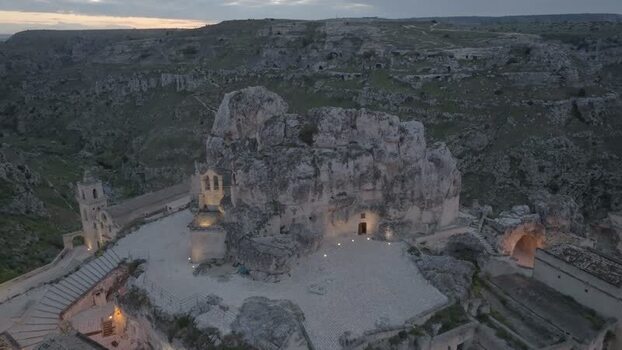 Aerial view of historic Sassi di Matera rock dwellings Italy.