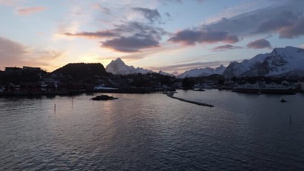 Aerial view of Lofoten islands at sunset Norway.