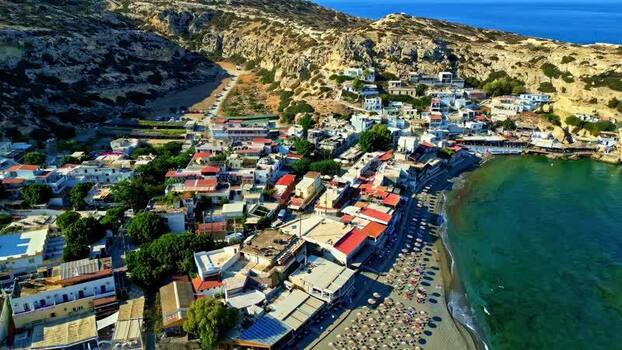 Aerial view of coastal village in Crete Greece.