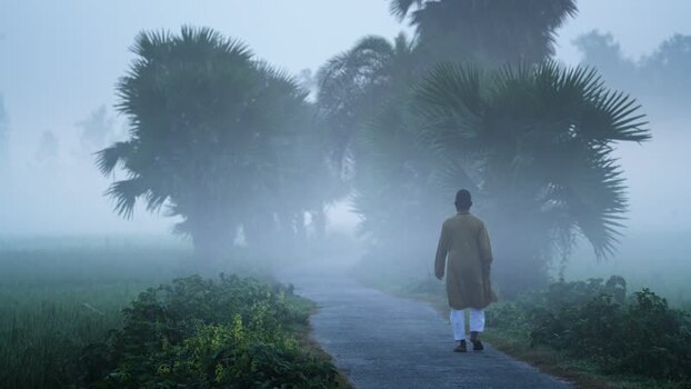 View of a man walking on a misty road in Bogura Bangladesh. View of a man walking on a misty road in Bogura Bangladesh.