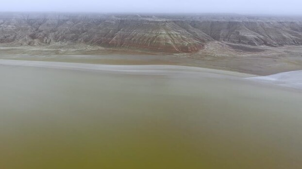 Aerial view of Karynzharyk depression and cliffs Kazakhstan.