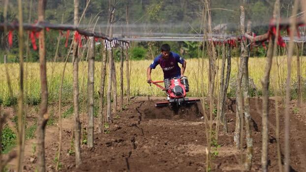 View of a farmer using a power tiller in a field in Nepal. View of a farmer using a power tiller in a field in Nepal.