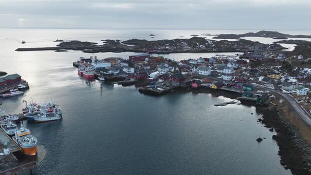Aerial view of Ballstad harbor Norway.