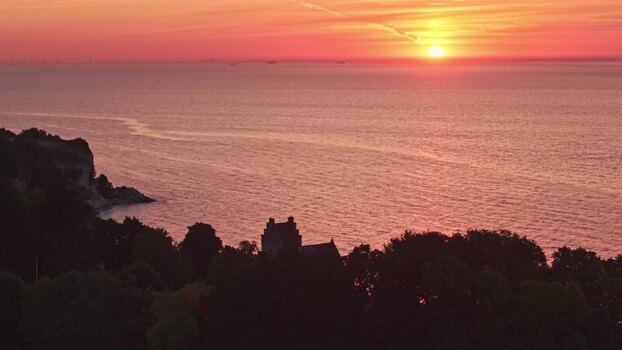 Aerial view of Stevns Klint at sunrise in Denmark.