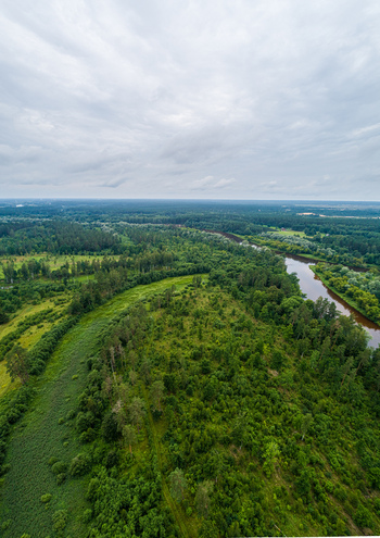 Aerial view of a winding river flowing through a dense green forest landscape under a cloudy sky in Latvia. Aerial view of a winding river flowing through a dense green forest landscape under a cloudy sky in Latvia.