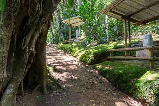 View of ancient stone statues under wooden shelters along a mossy dirt path at San Agustin Archaeological Park in San Agustin Huila Colombia.