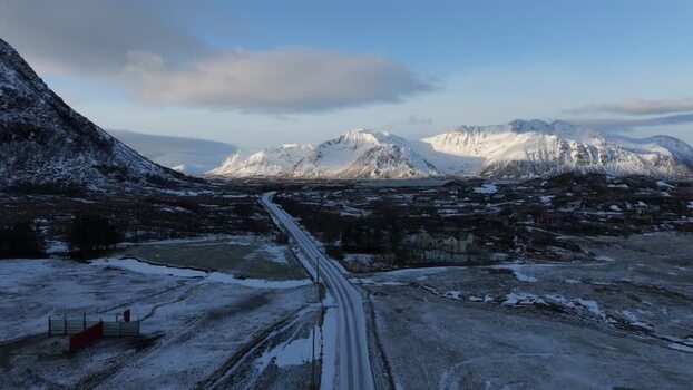 Aerial view of Lofoten mountains in Vagan Municipality Norway.