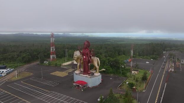 Aerial view of Durga Maa statue at Grand Bassin Mauritius.