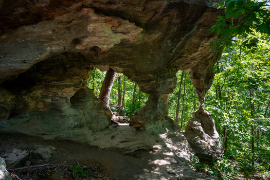 View of the unique sandstone rock formations and lush green forest at Pickle Springs Natural Area New Offenburg Missouri United States.