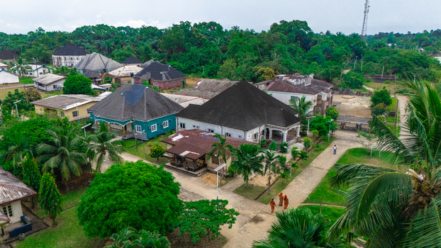 Aerial view of residential houses with dark tiled roofs lush green trees and palm trees in a neighborhood with dirt paths and people walking in Rivers Nigeria.