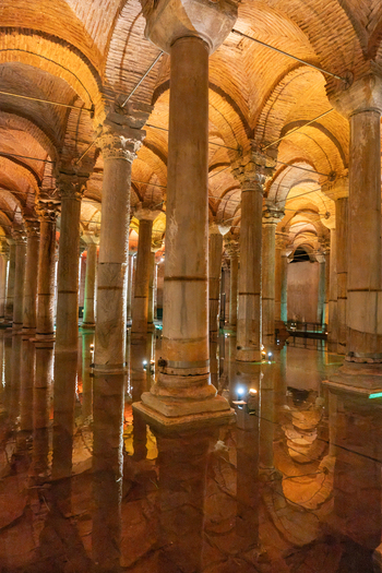 Fatih Turkiye 26 July 2026 View of the Basilica Cistern with its iconic marble columns reflected in shallow water illuminated by warm ambient lighting in the historic reservoir.