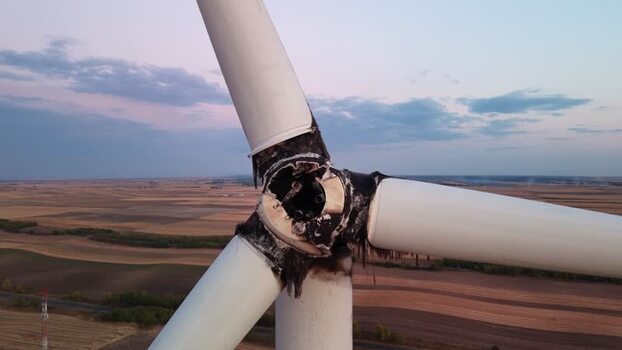 Aerial view of damaged wind turbine in Vladimirovac Serbia.