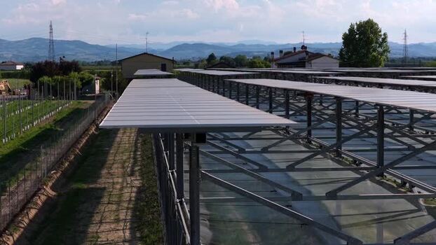 Aerial view of solar panel array in Faenza Italy.