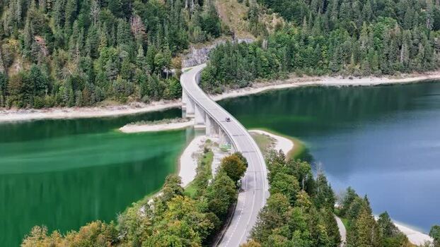 Aerial view of Fallerschein Bridge and Sylvensteinsee Germany.