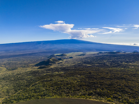 Aerial view of Mauna Kea volcano with volcanic cinder cones lush green vegetation and a white cloud plume at the summit under a clear blue sky in Hawaii County Hawaii United States.