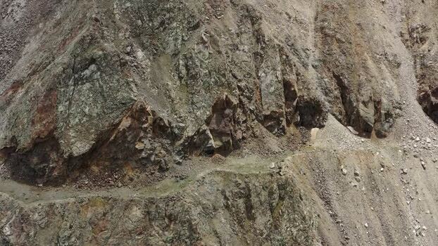 Aerial view of rugged Caucasus Mountains terrain in Russia.