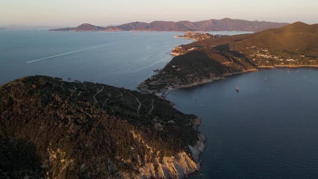 Aerial View of Capo d Enfola at sunset Elba Island Tuscany Italy.