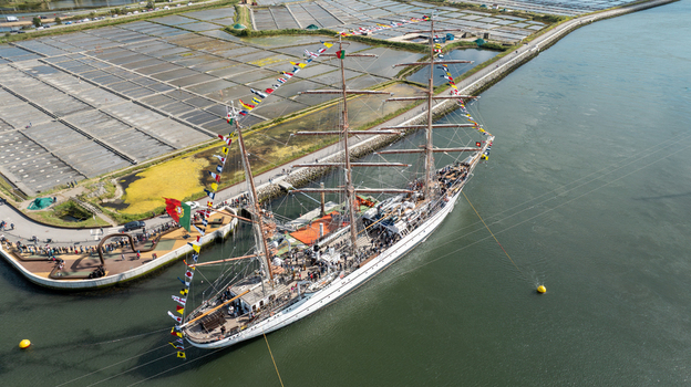 Aerial view of the tall ship NRP Sagres decorated with signal flags navigating the Canal de Aveiro near the salt pans Aveiro Aveiro Portugal. Aerial view of the tall ship NRP Sagres decorated with signal flags navigating the Canal de Aveiro near the salt pans Aveiro Aveiro Portugal.