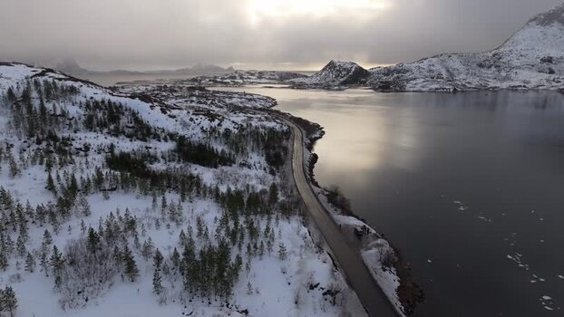 Aerial view of snowy Lofoten landscape in Vagan Municipality Norway.