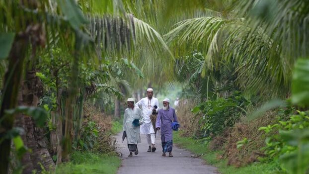 View of men walking through palm trees in Bangladesh. View of men walking through palm trees in Bangladesh.